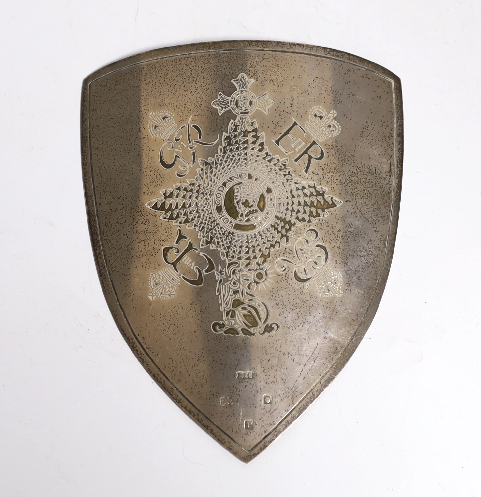 A modern silver shield plaque, engraved 'For God and The Empire. This shield honours membership in The Most Excellent Order of the British Empire and is certified as No. 102 in the register of The British Empire Collecti